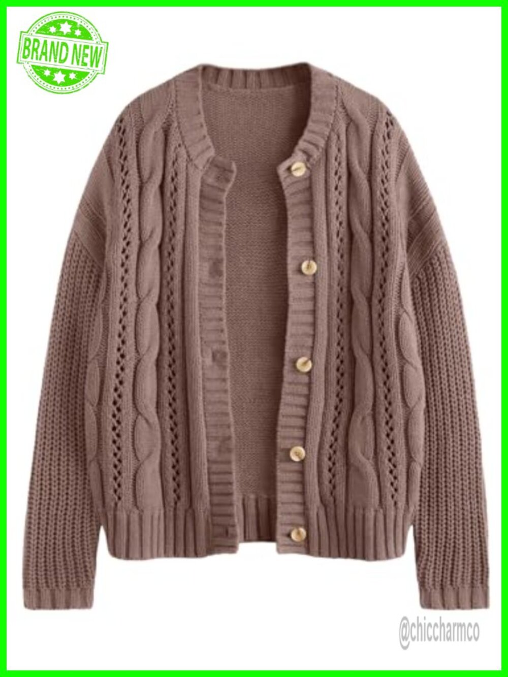 Cable Knit Button Up Chunky Cardigan Long Sleeve Crew Neck